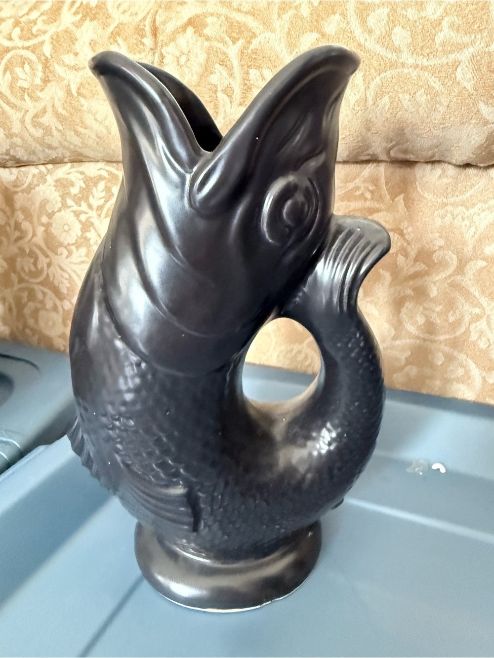 Vintage Dartmouth BLACK Gurgling Fish Jug Large - Devon England water pitcher
